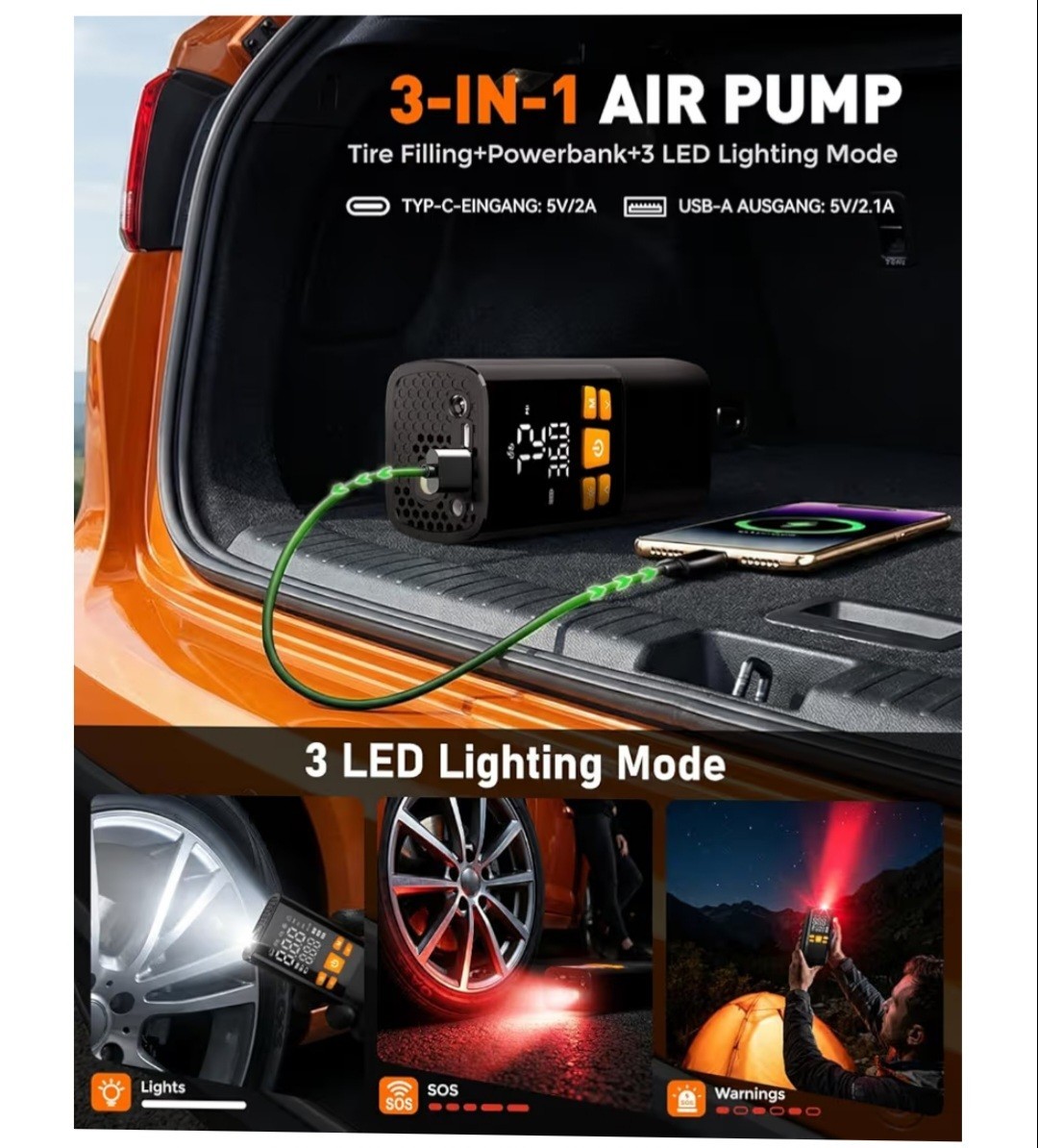 Cordless Tire Inflator Air Compressor 150 PSI Rechargeable USB-C 12V DC Car Bike