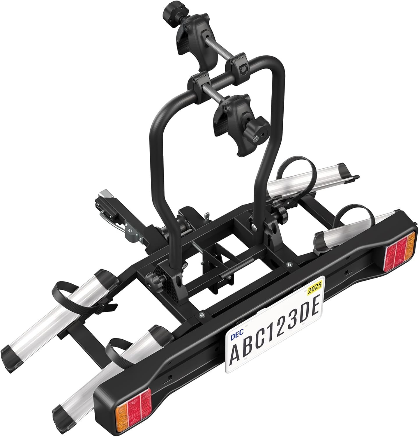 Portabicicletas para 2 bicis con luces, plegable, soporte matrícula 132 lb